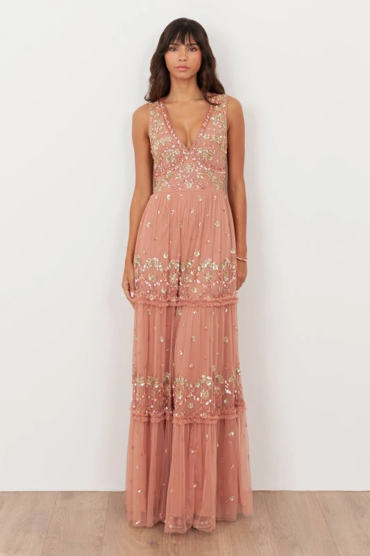 Image of Maya Deluxe Womens Embellished Sleeveless Maxi Dress in Pink Size: 8 Pink Female 8