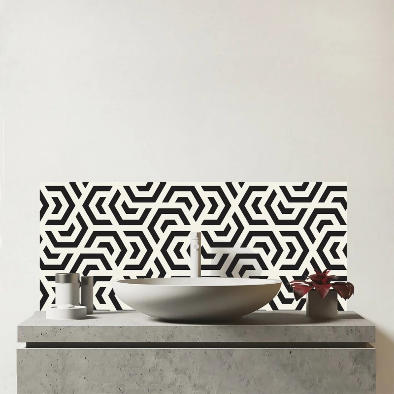 Image of Warren Reed - Designer Hexagonal Geometric Pattern Glass Bathroom Splashback in Black Unisex