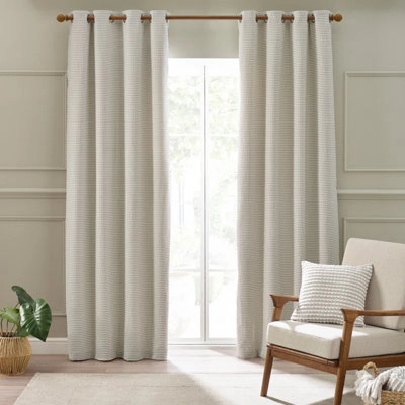 Image of Catherine Lansfield Stab Stitch 46X54" Lined Eyelet Curtains Two Panels Natural