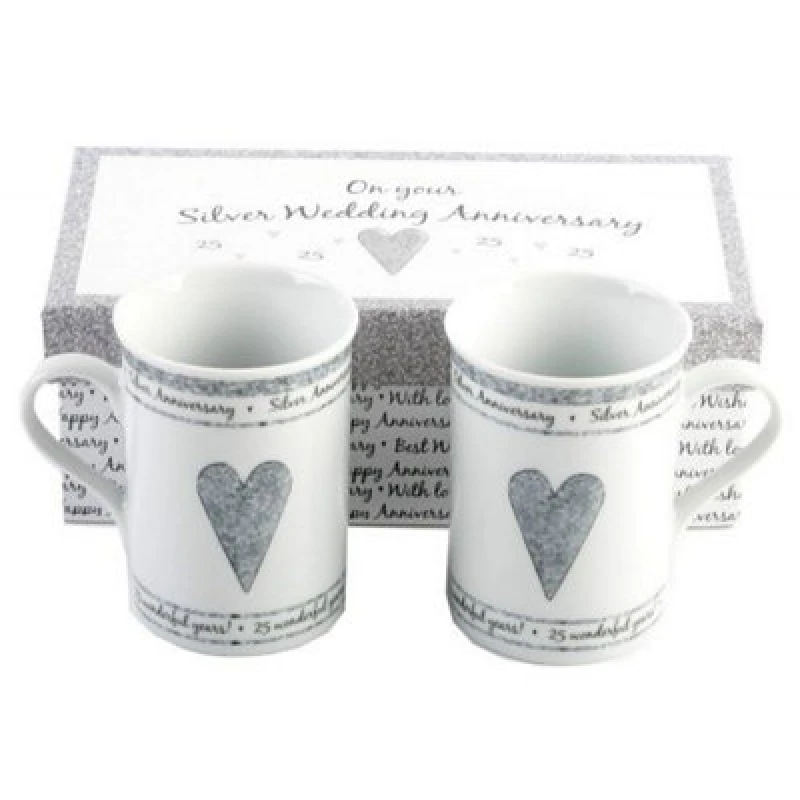 Image of Happy Homewares Beautifully Designed 25Th Silver Anniversary Mug Set With Matching Gift Box