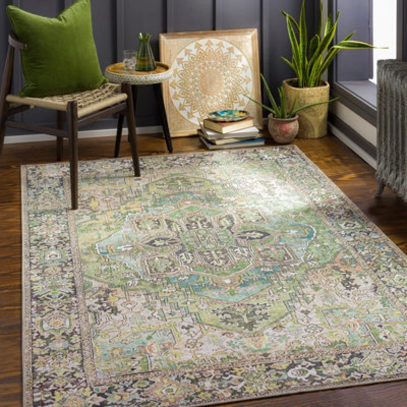 Image of Livabliss Vintage Oriental Boho Dark Green Viorica Area Rug 107 X 168cm - Easy Care, Non Shedding, Ideal For Living Room & Bedroom