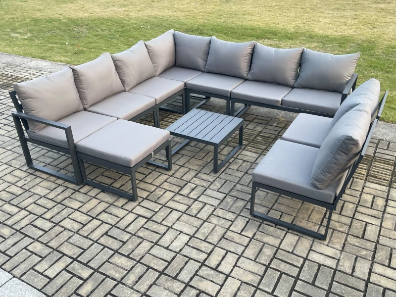 Image of Fimous 10 Seater Patio Outdoor Garden Furniture Aluminium Lounge Corner Sofa Set with Square Coffee Table with Big Footstool Dark Grey Dark Grey Unise