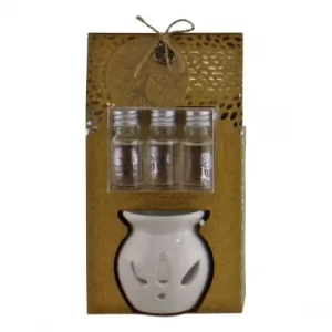 image of Ceramic Oil Burner With 3 Bottles of Sandalwood Fragranced Oil