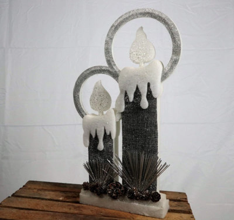 Image of Shatchi 51Cm Christmas Pre Lit Twin Candles Battery Operated Glitter Foam Snow Covered Finish Table Decoration Grey Grey