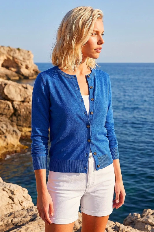 Image of Roman Womens Petite Buttoned Cardigan in Royal Size: 10 Royal Female 10