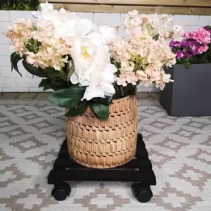 image of 28cm Black Square Wooden Garden Plant Pot Flower Trolley Stand On Wheels