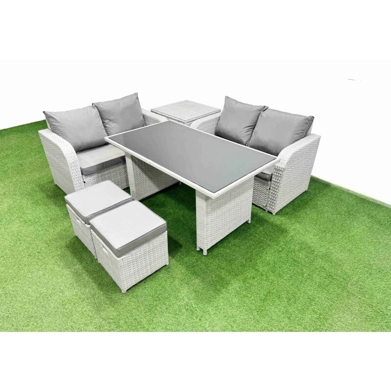 Image of Fimous 6 Pieces Outdoor PE Rattan Sofa Set with Side Table 2 Small Stools in Light Grey Light Grey Unisex