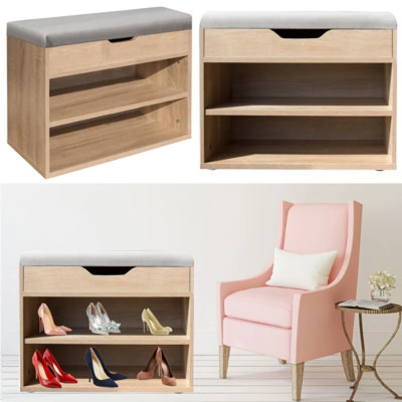 Image of Gr8 Home Wooden Ottoman Shoes Storage Rack Bench Padded Grey Seat Cabinet Cupboard Stand