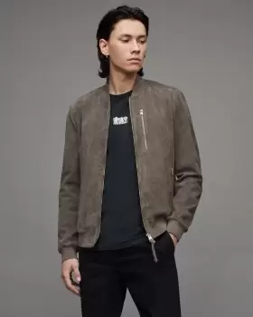 Image of AllSaints Size: L Mens Cotton Suede Slim Fit Kemble Bomber Jacket, Grey