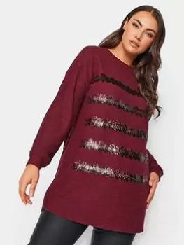 image of Yours Sequin Stripe New Jumper Red, Red, Size 20, Women