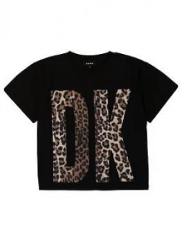 Image of DKNY Girls Short Sleeve Leopard Logo Boxy T-Shirt, Black, Size Age: 10 Years, Women