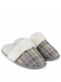 Image of TOTES Brushed Check Mule Slippers - Grey, Size 3-4, Women