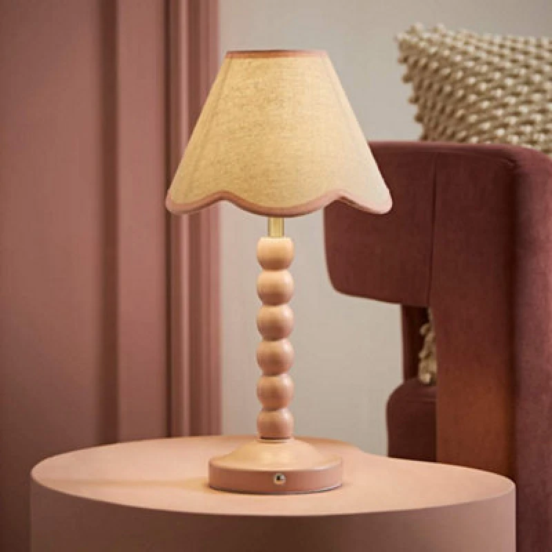 Image of Valuelights Bobble Pink Scallop Trim Shade Pink Rechargeable Wooden Table Lamp
