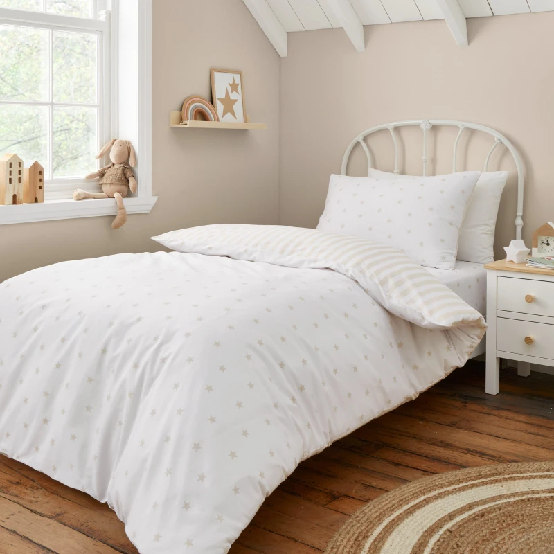 Image of Bianca Mini Star & Stripes Reversible Duvet Cover Set Duvet Cover Sets Single Beige 73095369010