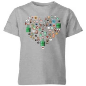 Image of Nintendo Super Mario Pixel Sprites Heart Kid's T-Shirt - Grey - 11-12 Years