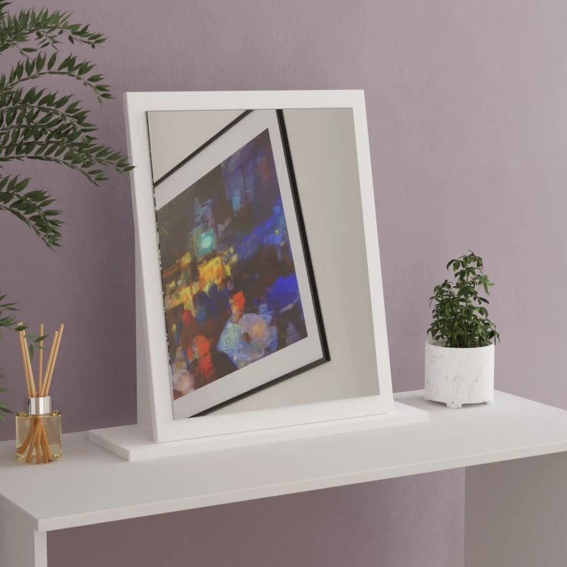 Image of Linear White Rectangular Freestanding Framed Mirror, (H)50.5Cm (W)48Cm