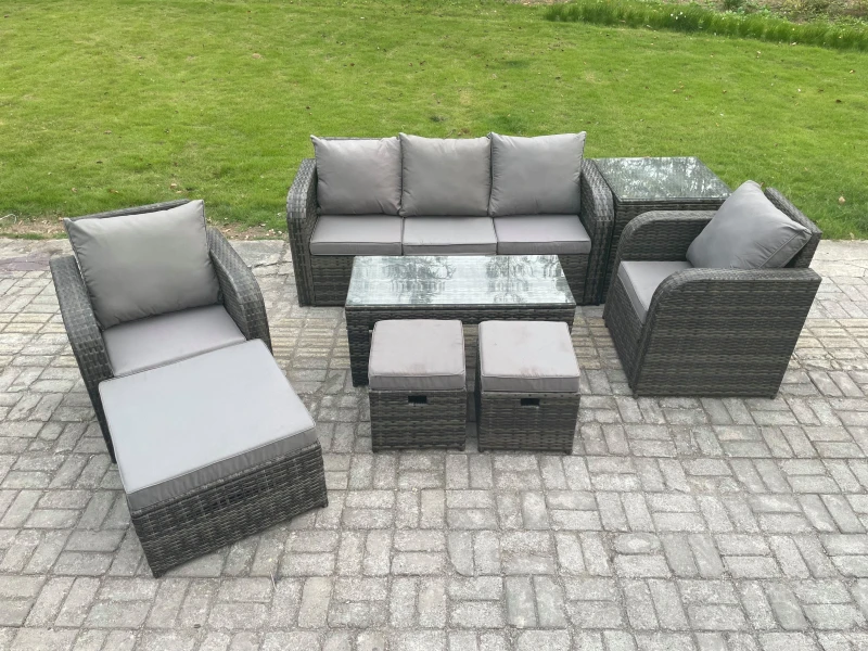 Image of Fimous 8 Seater Rattan Garden Furniture Set with Rectangular Coffee Table Side Table 3 Footstools Patio Outdoor Lounge Sofa Set Dark Grey