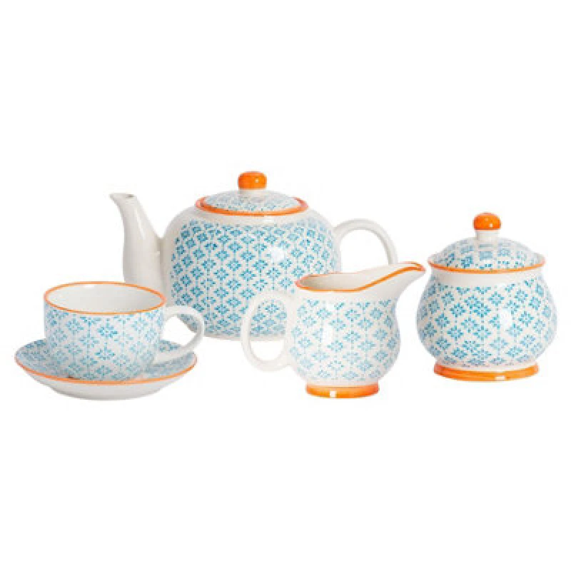 Image of Nicola Spring 15 Piece Hand-Printed Tea Set - Blue