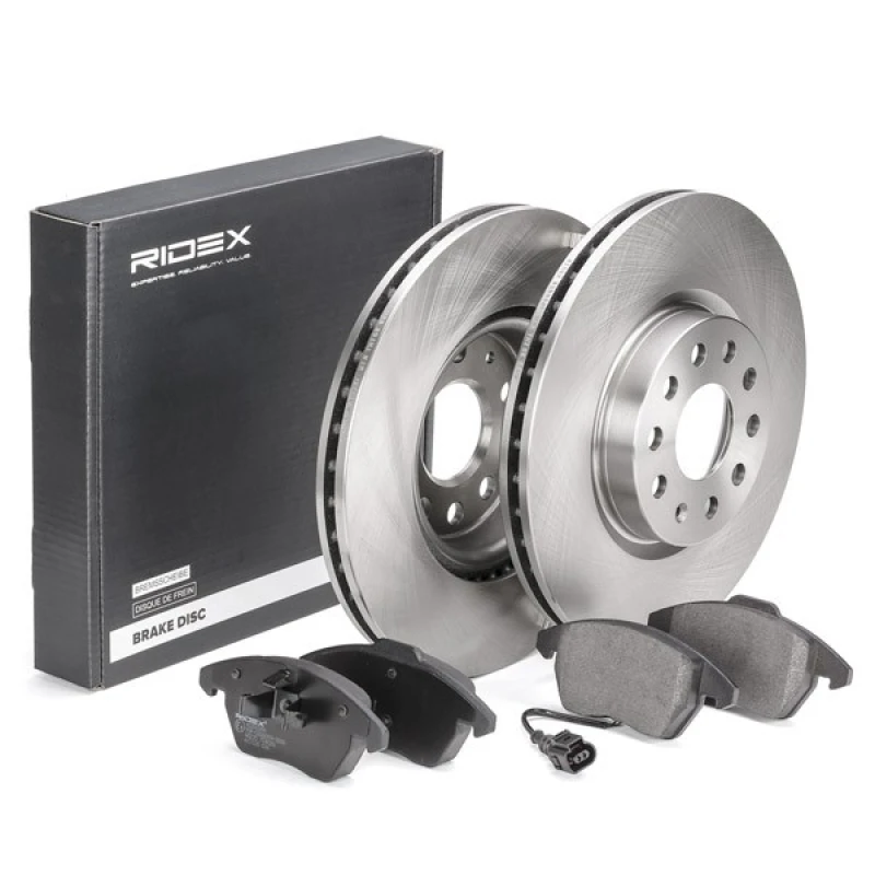 Image of RIDEX 3405B0020 Brake disc and pads set Front Axle, Brake Disc Type: Vented, with integrated wear sensor Brake Set,disc brakes (3405)
