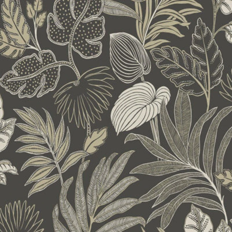 Image of Grandeco Kew Jungle Tropical Palm Tree Leaves Exotic Leaf Wallpaper Black A75302
