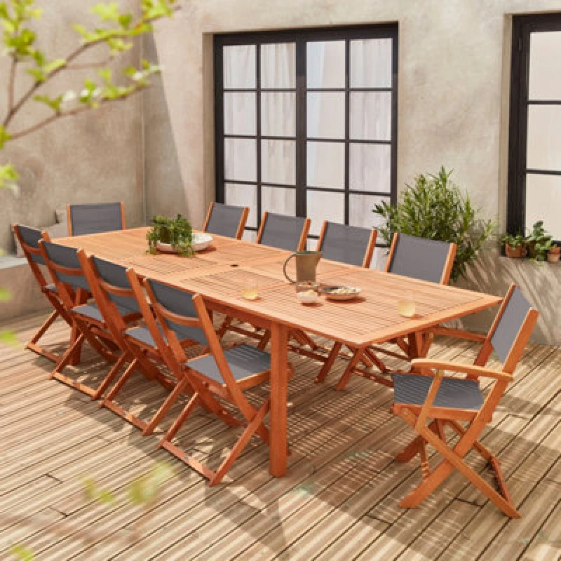 Image of Sweeek - 10-Seater Extendable Wooden Garden Table Set With Chairs Natural 300X110X75cm - Almeria 10