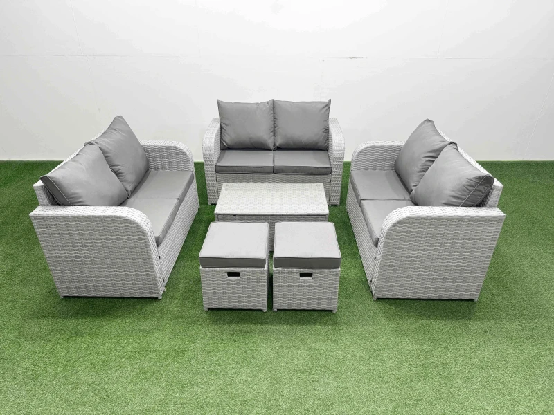 Image of Fimous 8 Seater PE Wicker Rattan Furniture Sofa Sets with Rectangular Coffee Table 2 Seater Love Sofa 2 Stool Light Grey Light Grey