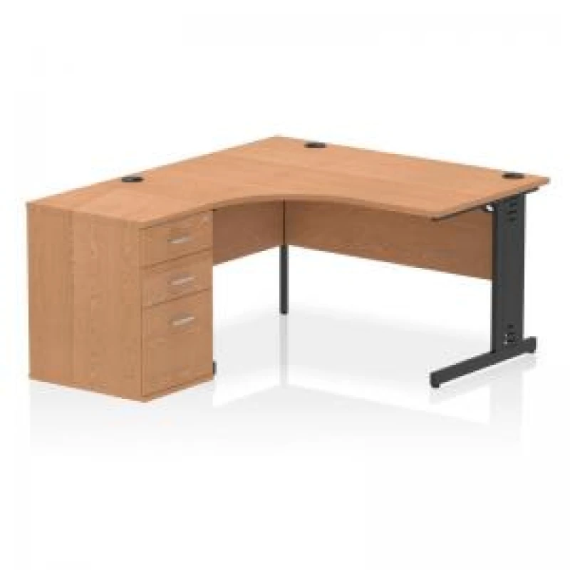 Image of Impulse Impulse 1400mm Left Crescent Office Desk Oak Top Black Cable Managed Leg Workstation 600 Deep Desk High Pedestal IWSLC146BCMOAK