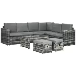 image of Outsunny 6 Piece Rattan Garden Furniture Set, 8-Seater Outdoor Sofa Sectional with 3 Cushioned Loveseat 2 Footstools Table, Grey