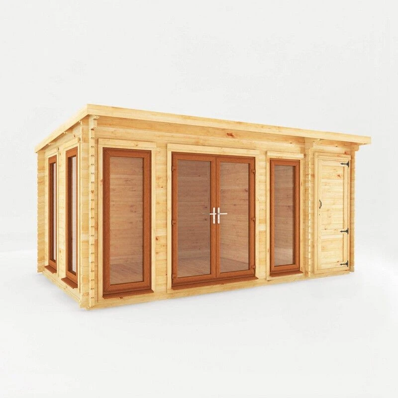 Image of Mercia 5.1 X 3 M Studio Pent Log Cabin With Side Shed, Oak Upvc Windows And Doors - 44mm Timber - L333.5 X W514.5 X H249.4cm - Brown