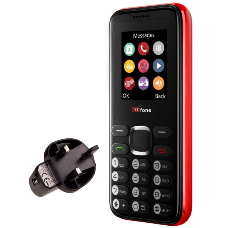 Image of TTfone TTfone TT150 Unlocked Basic Mobile Phone UK Sim Free, Long Battery Life, Dual Sim with camera and - Red with Mains Charger and Giffgaff Sim Car
