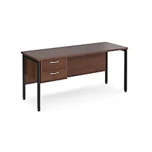 Image of Rectangular Straight Desk Walnut Wood H-Frame Legs Black Maestro 25 1600 x 600 x 725mm 2 Drawer Pedestal