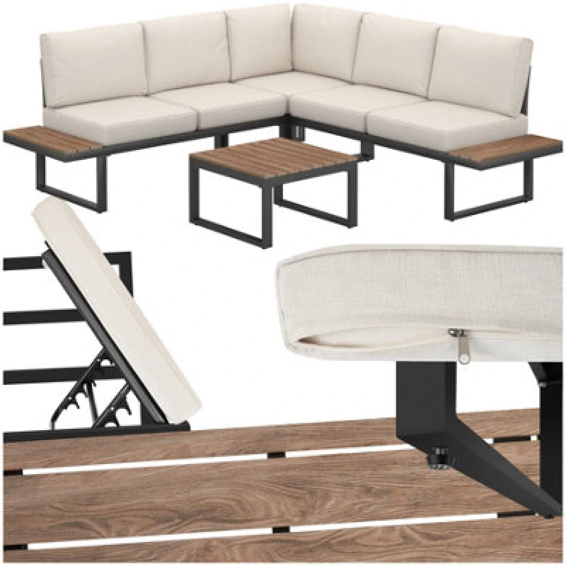Image of Tectake Garden Furniture Set Eliar - Corner Sofa With Table, Aluminium Frame, Thick Cushions - Black