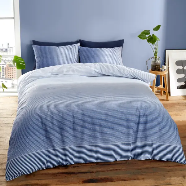 image of Catherine Lansfield Graded Stripe Blue Duvet Cover and Pillowcase Set Blue