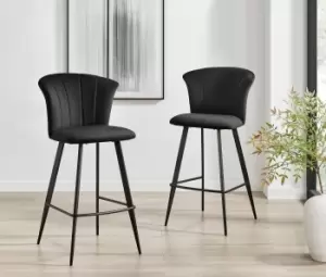 Image of Set of 2 Juniper Soft Touch Velvet Fluted Art Deco Bar Stools With Black Metal Legs