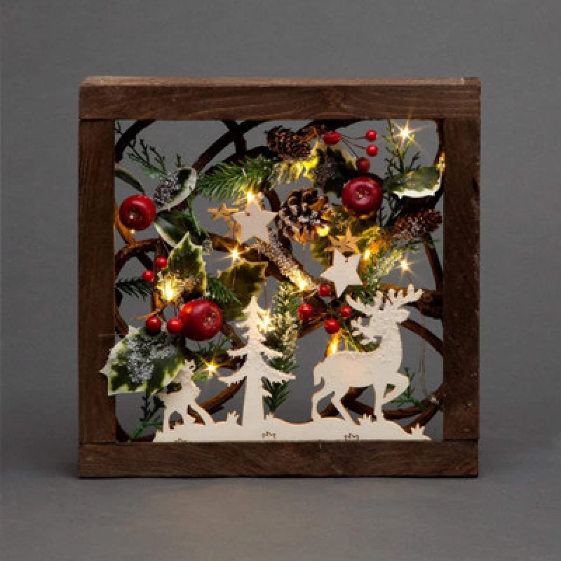 Image of Shatchi Prelit Wooden Square Frame Tabletop Decorations Xmas with Leaves Pine Cones Berries 3D Nordic Scene,30cm Brown