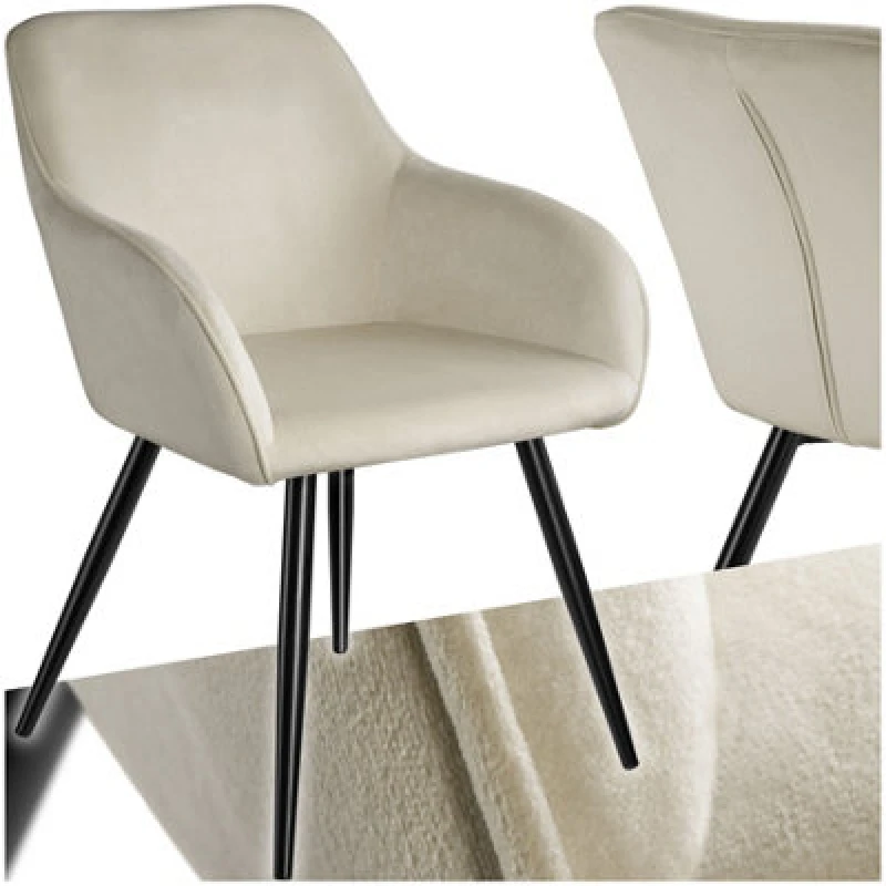 Image of Tectake 1 Dining Chair Marilyn - With Armrests, Padded, Velvet Look, Black Steel Legs - Cream/black