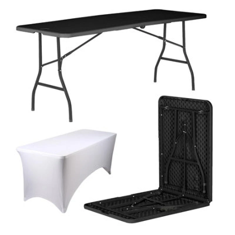 Image of Harbour Housewares Folding Camping Picnic Table With Fitted Tablecloth - 180Cm (6ft) - Black/white - Portable Plastic Outdoor Party Display