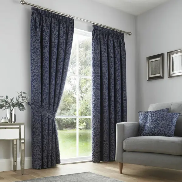 image of CURTINA Curtina Lamina Jacquard Weave Pencil Pleat Lined Curtains, Navy, 46 x 54" LMANY46540LC1