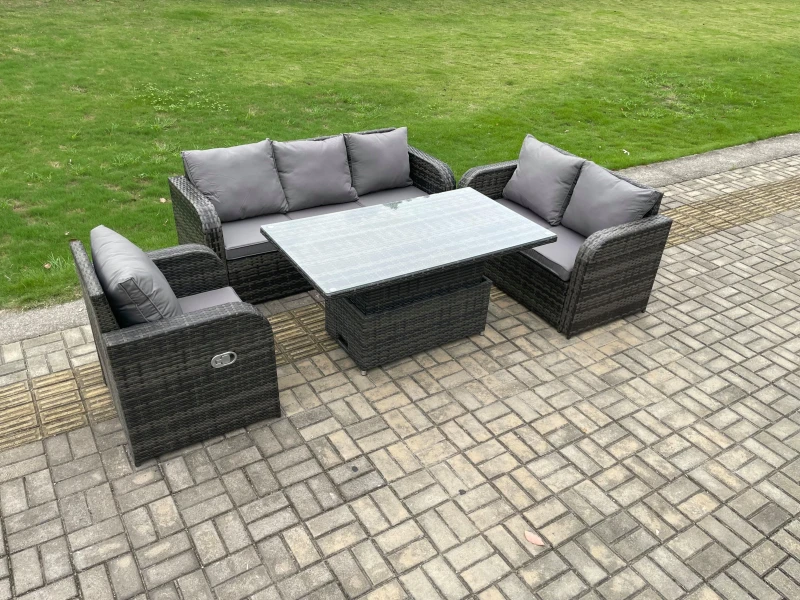Image of Fimous Outdoor Rattan Furniture Garden Dining Set Patio Height Adjustable Rising lifting Table with 3 Seater Sofa Reclining Chair Love Sofa Dark Grey