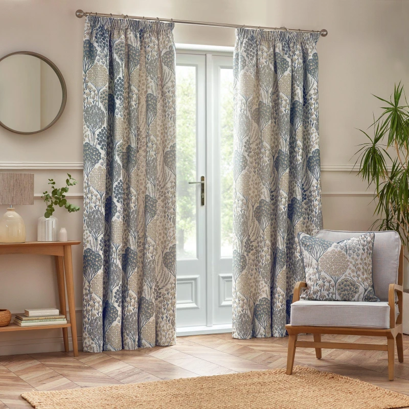 Image of Ophelia Floral Jacquard Pencil Pleat Curtains Wedgewood, Wedgewood / 117 x 137cm