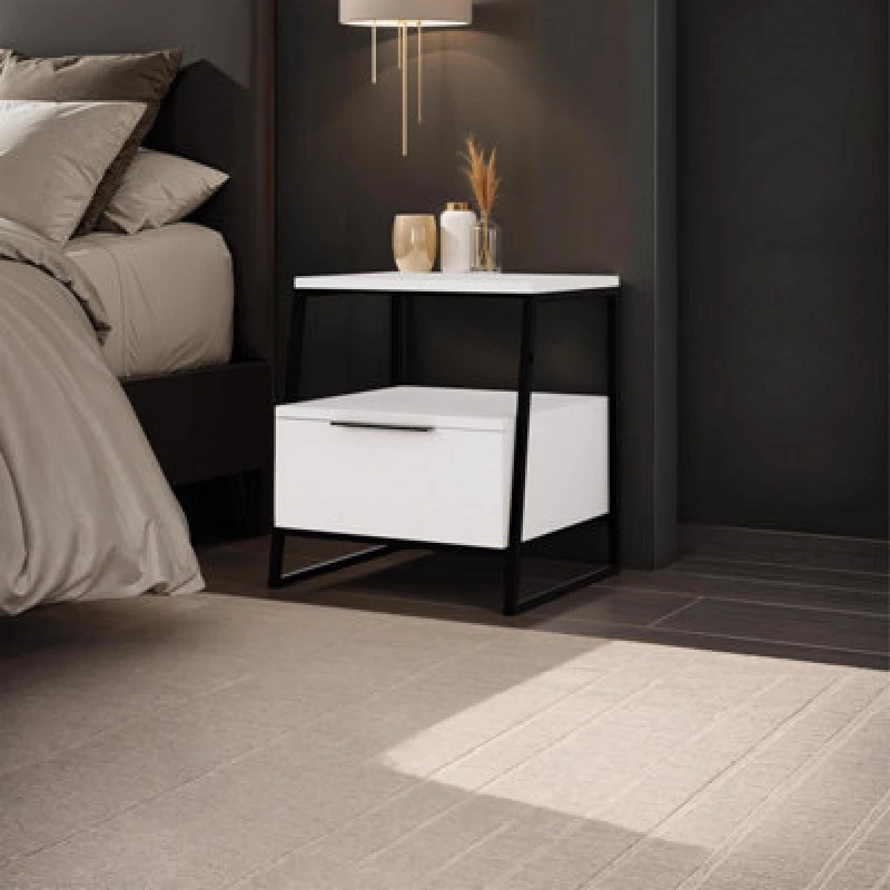 Image of FWStyle FWStyle White 1 Drawer Bedside Table Nightstand Black Metal White One Size Unisex 5056413133151