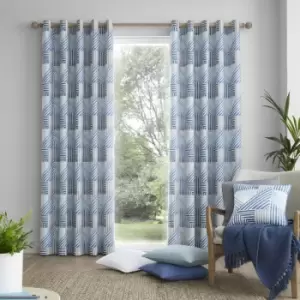 Image of Campden Geometric Print 100% Cotton Eyelet Lined Curtains, Teal, 46 x 54" - Fusion