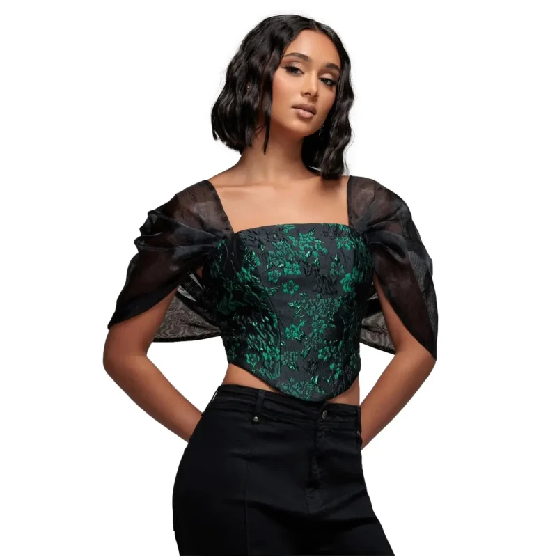 Image of Goddiva Womens Off Shoulder Jacquard Top With Organza Wings Size: 8 Multicolor Female 8