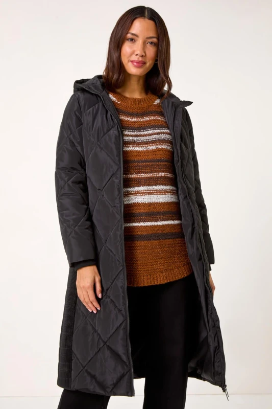 Image of Roman Longline Diamond Quilt Coat Black