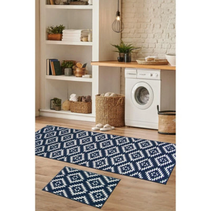 Image of Melrose Deco Mat Blue Aztec Runner Rug & Matching Floor Mat 57/230Cm & 57/40Cm