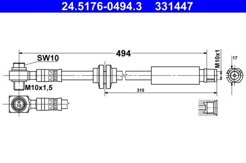 Image of ATE 24.5176-0494.3 Brake Hose with banjo bolt Brake Hose (83)