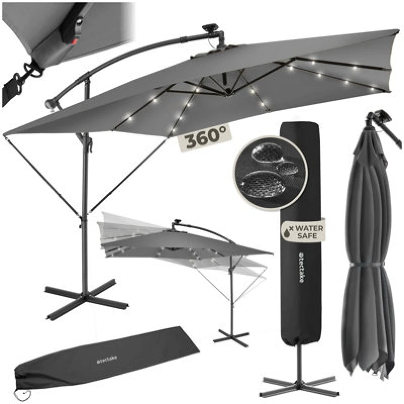 Image of Tectake Parasol Sunna - 250 X 250 Cm With LED Solar Lighting, With Protective Cover - Light Grey