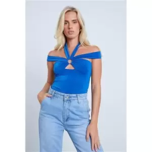 image of I Saw It First Cobalt Blue Slinky Double Strap Ring Detail Bodysuit - Blue