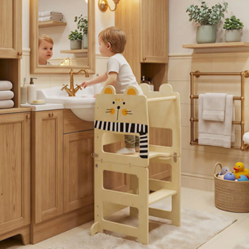 Image of Aiyaplay Toddler Step Stool With Chalkboard For Kitchen Counter, Natural