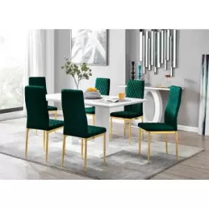 Image of Furniture Box Imperia 6 White Dining Table and 6 Green Velvet Milan Gold Leg Chairs